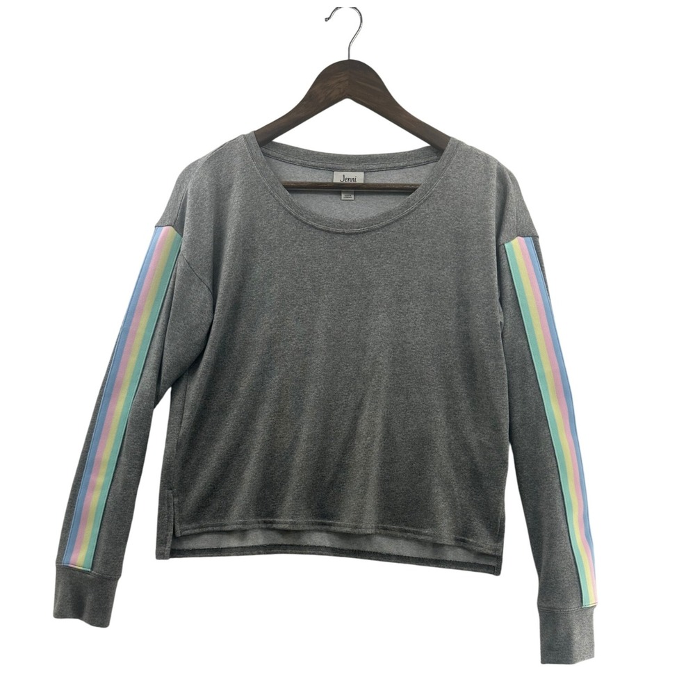 Jenni Intimates Gray Rainbow Stripe Sleeve Pullover Sweatshirt Women's Small